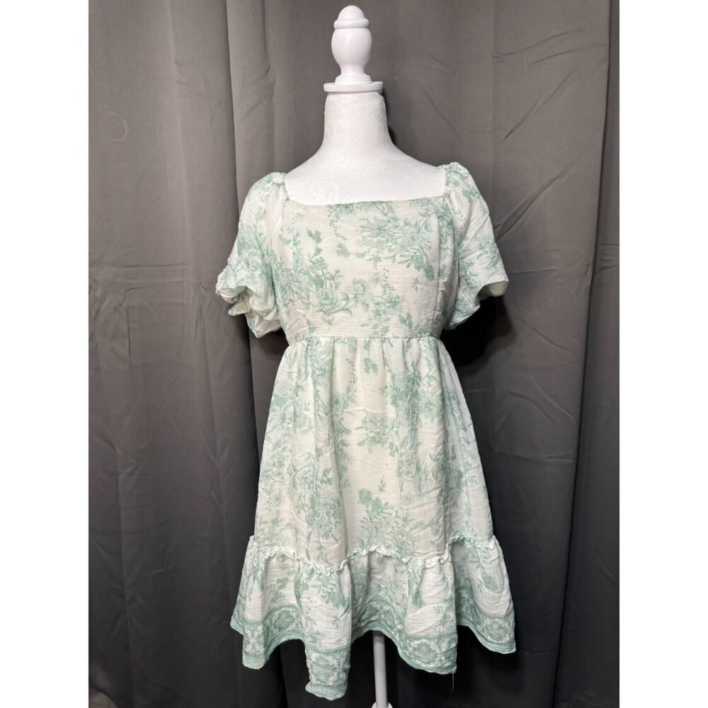 Blu Pepper Floral Babydoll Dress Women Large Green Toile Cottagecore Mini